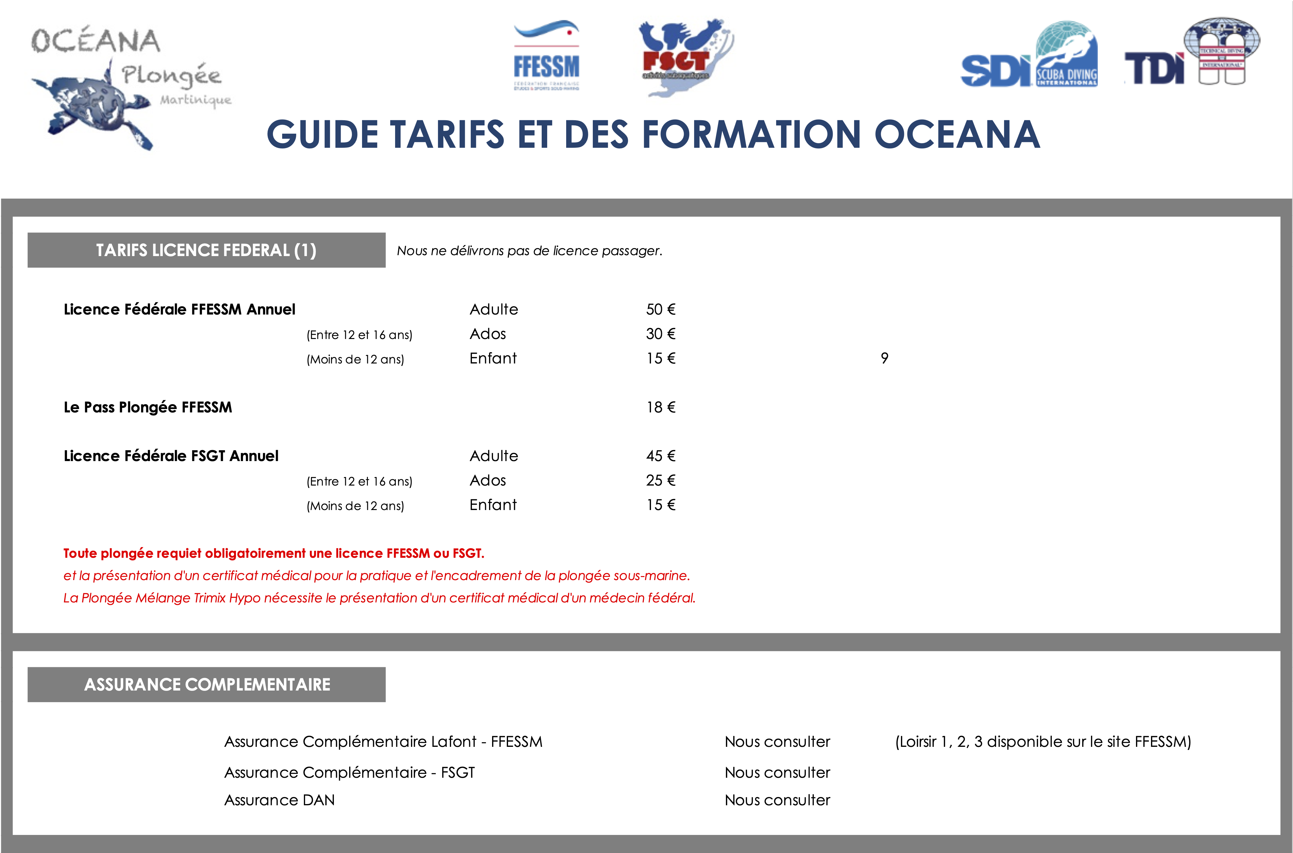 Tarif licence fédérale & Assurance