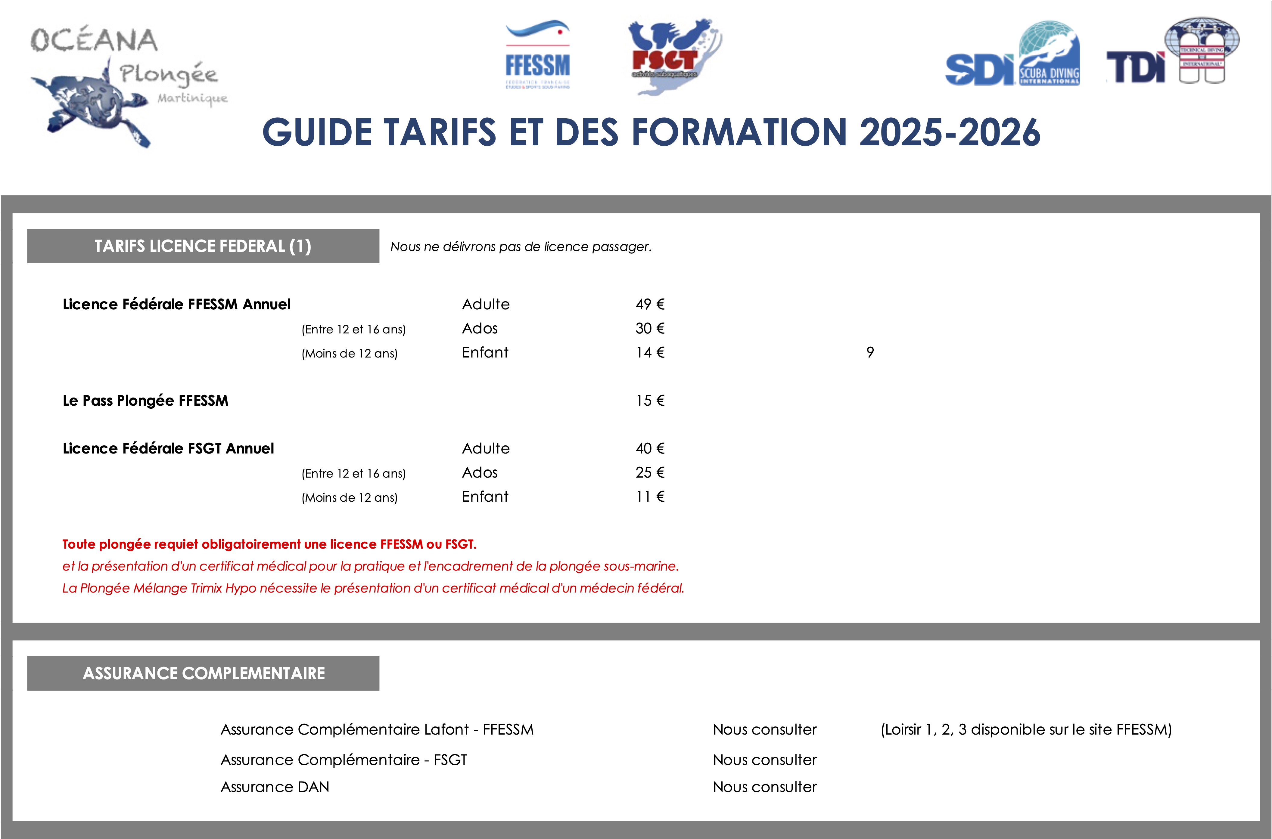 Tarif licence fédérale & Assurance