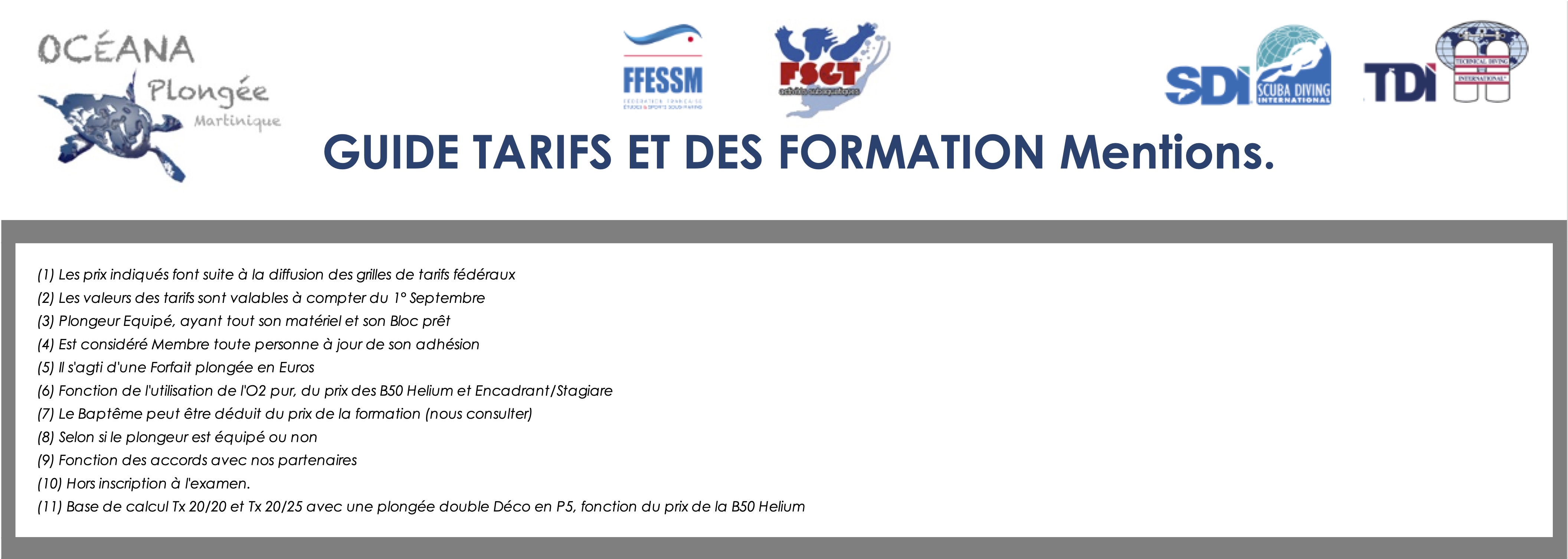Mentions des tarifs en vigueur